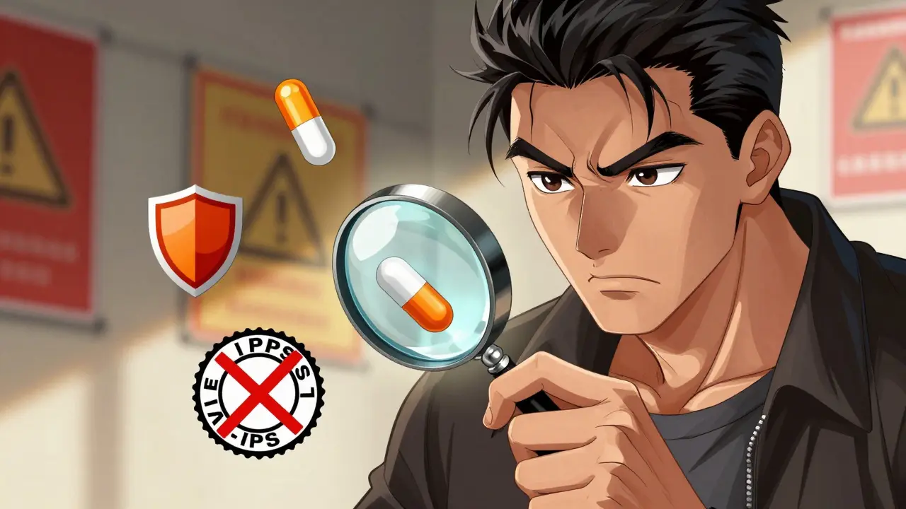 Illustration of person verifying generic medication safety with magnifier