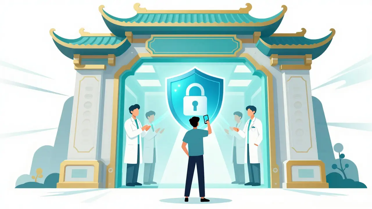Illustration of safe online pharmacy with security shield and doctors