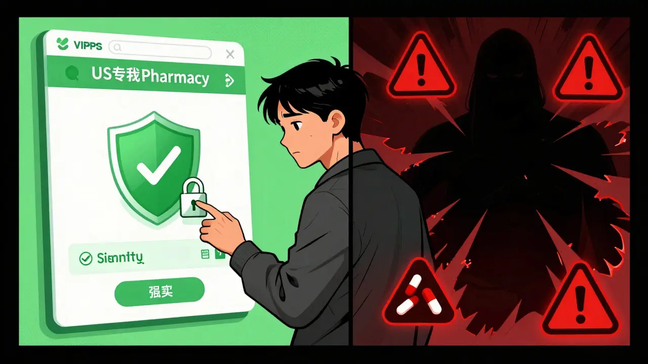 Manhua art comparing safe online pharmacies vs rogue sellers