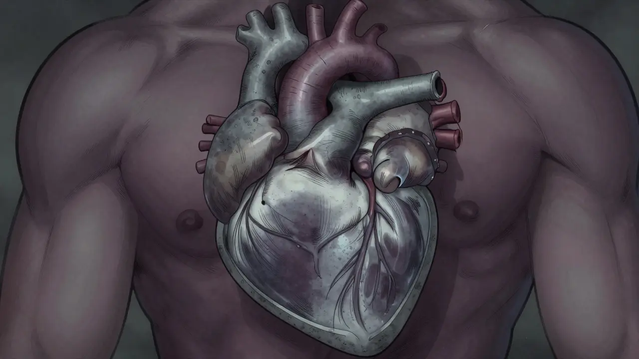 Manhua art of restrictive cardiomyopathy showing a rigid, non-compliant heart