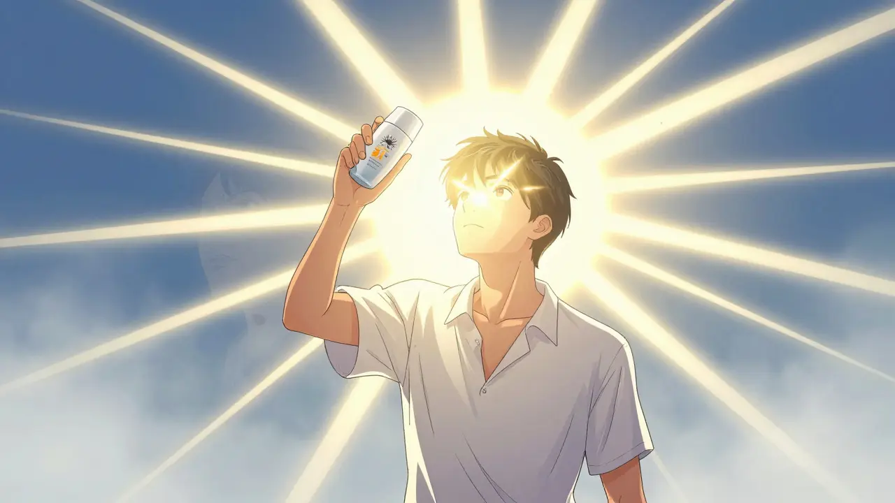 Manhua art showing a person using sunscreen as a shield against morning sun rays.