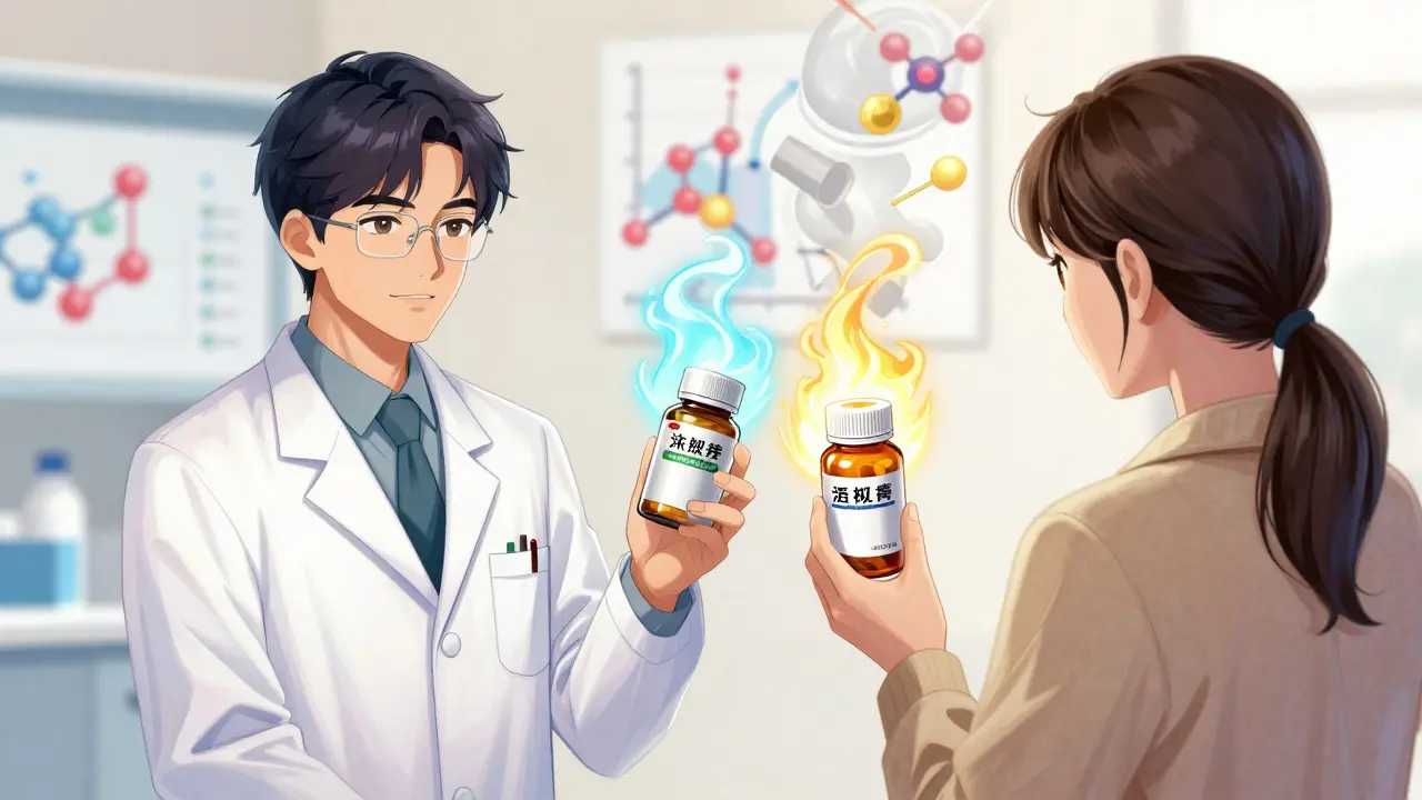Manhua illustration comparing brand and generic medication bottles
