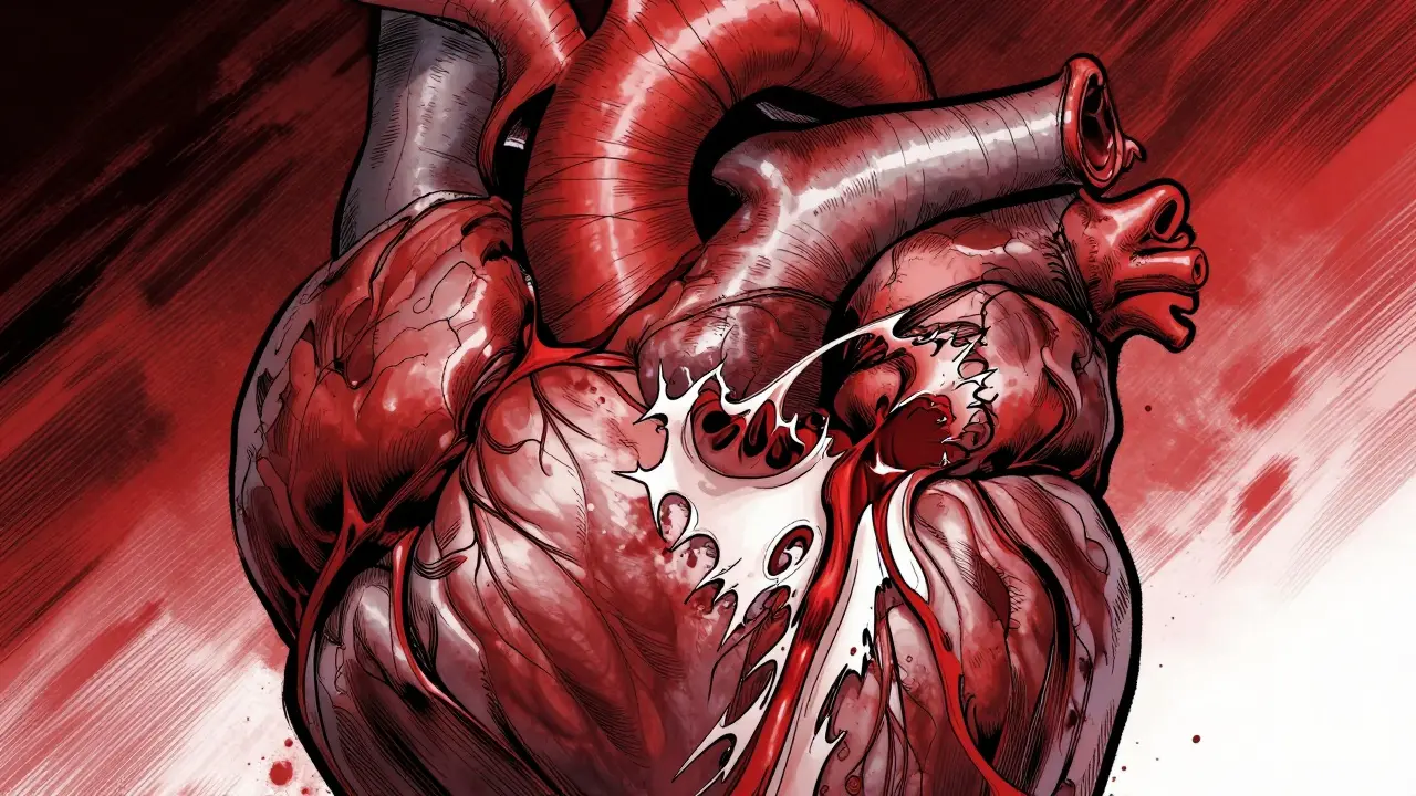 Manhua illustration of hypertrophic cardiomyopathy with thick, obstructing heart muscle