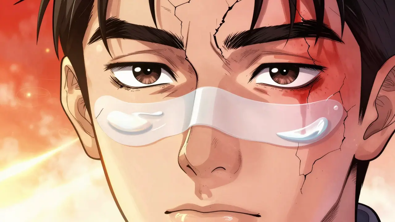 Manhua illustration of skin peeling during retinization with golden healing light underneath.