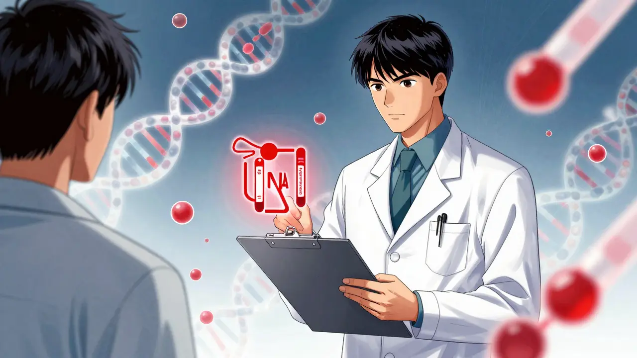 Manhua style doctor reviewing glowing test results and DNA strands