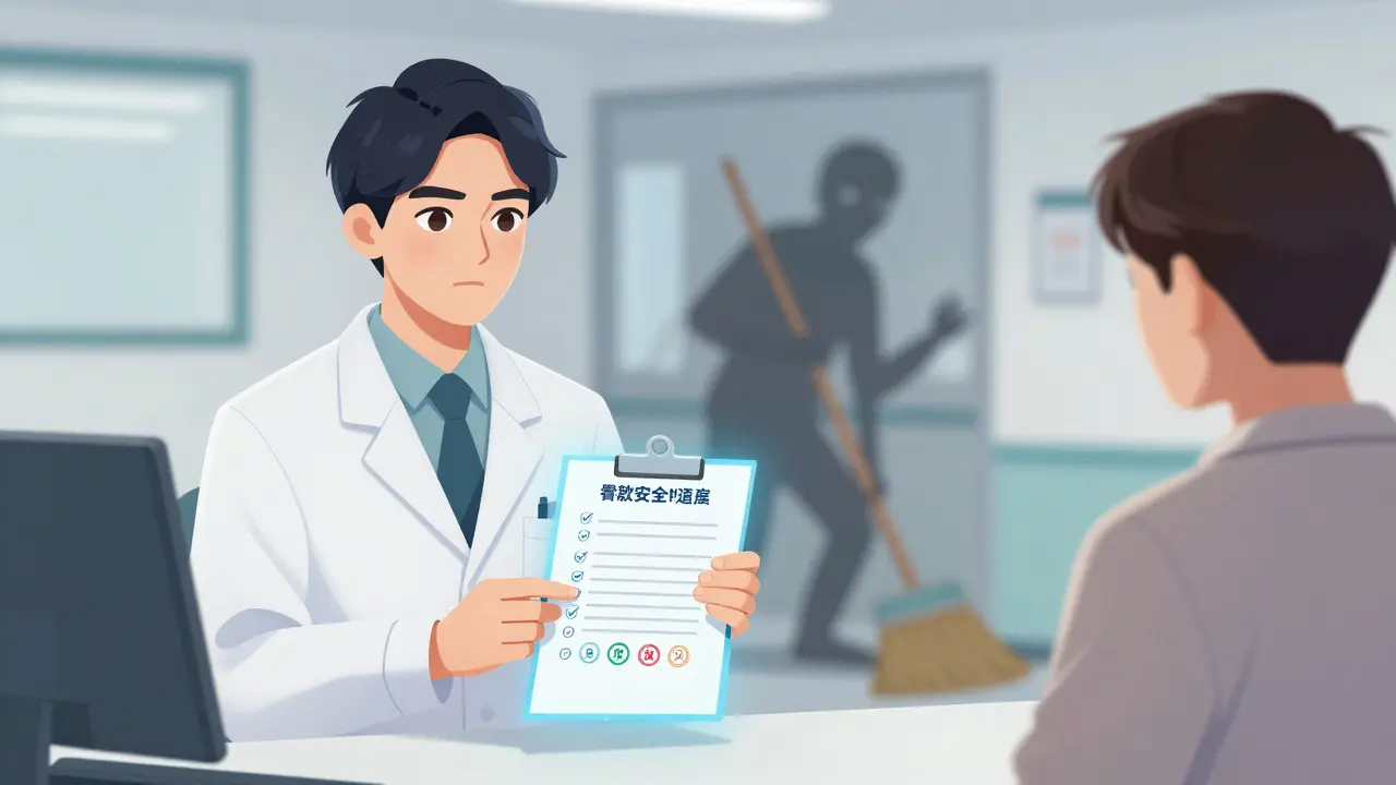 Manhua style image of a pharmacist giving a safety checklist to a patient.