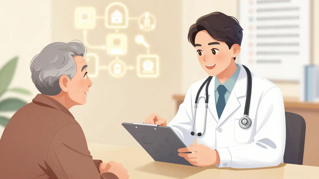 Pharmacist consulting with elderly patient in a warm, trusting setting, manhua style
