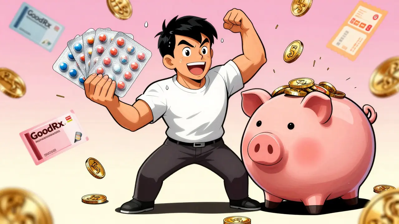 Cartoon character celebrating savings on bulk generic heart medication