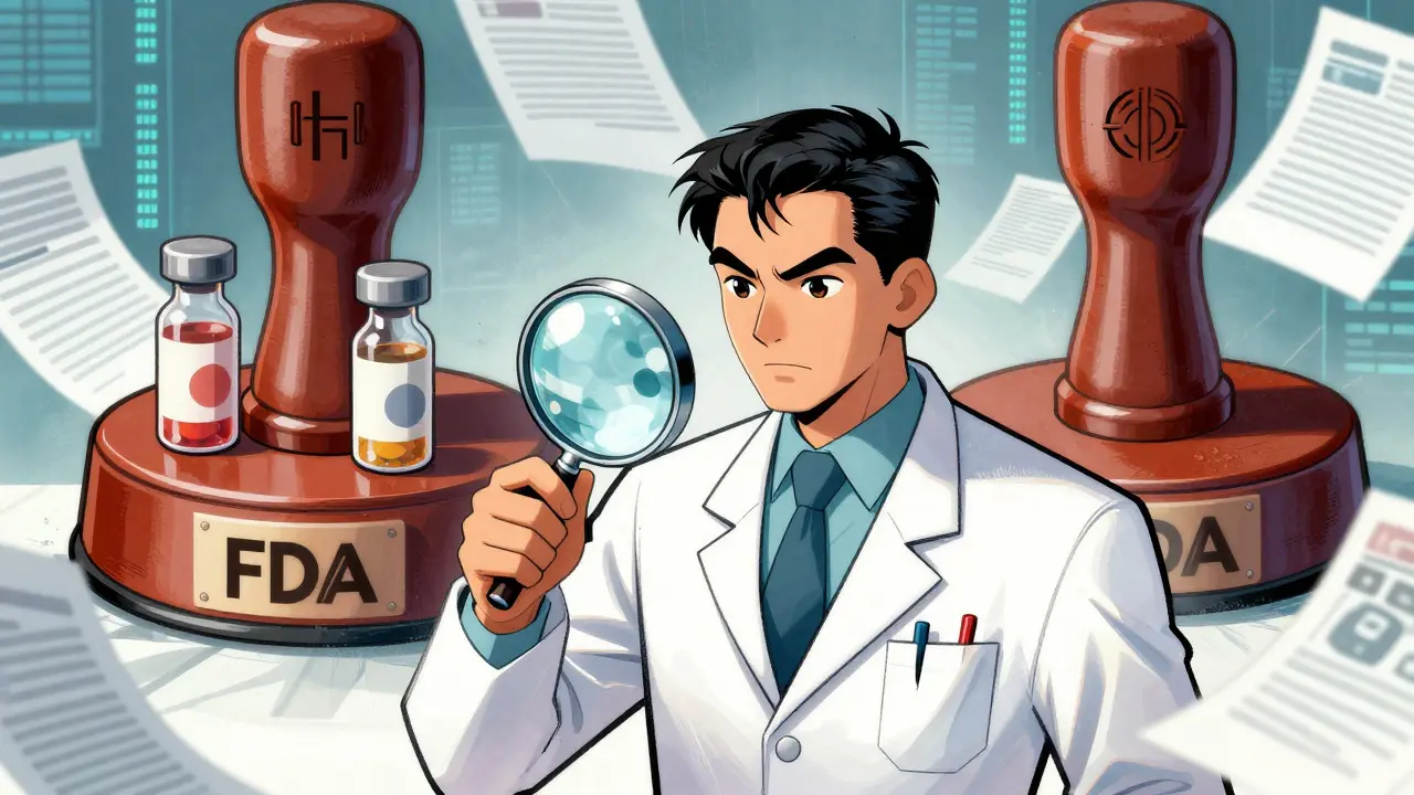 Cartoon doctor examining vials under magnifying glass with regulatory seal background
