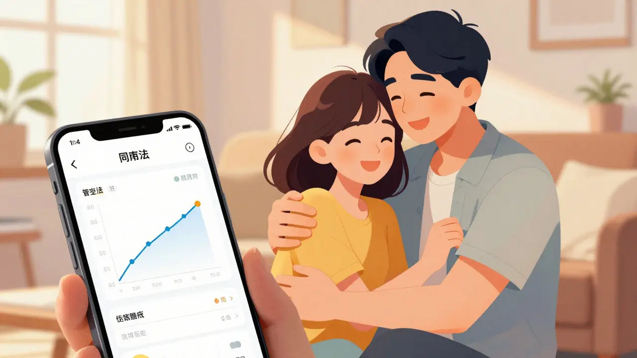 Cartoon of a happy couple embracing, symbolizing restored intimacy and hope.