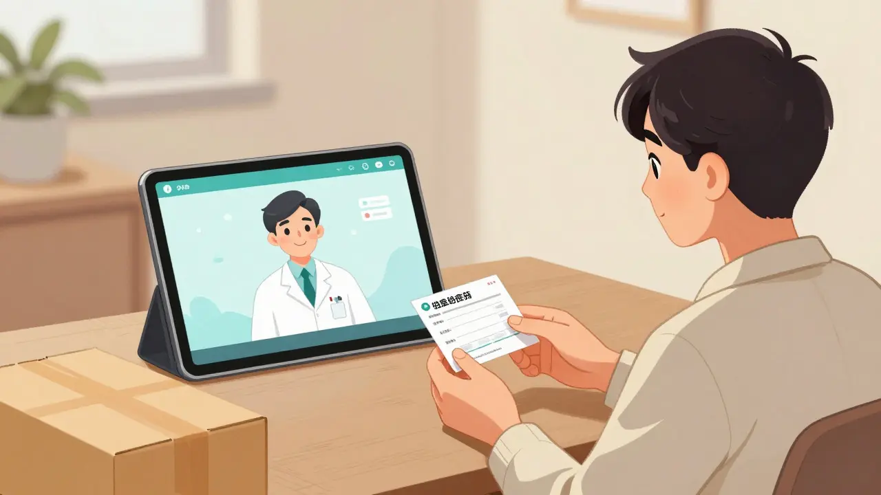 Cartoon of receiving medication via telehealth delivery