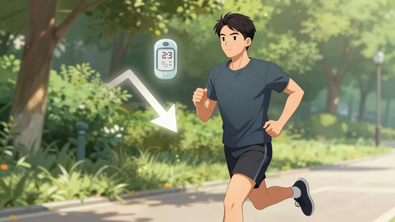 Character jogging outdoors with blood sugar adjustment symbols