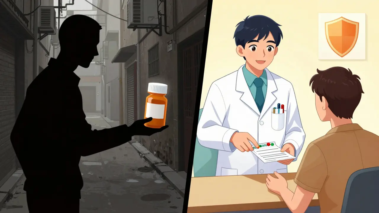 Comic art comparing shady fake drugs to safe doctor visit