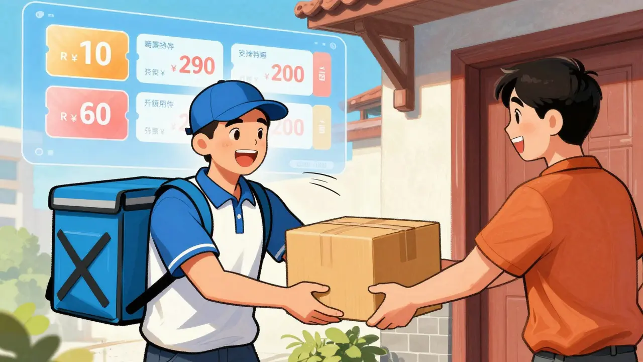 Delivery driver handing package to happy customer