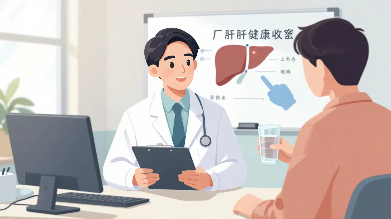Doctor explaining liver health and medication risks to a patient in a bright clinic office.