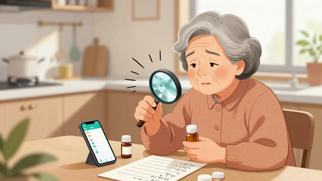 Elderly woman checking meds with magnifying glass and phone