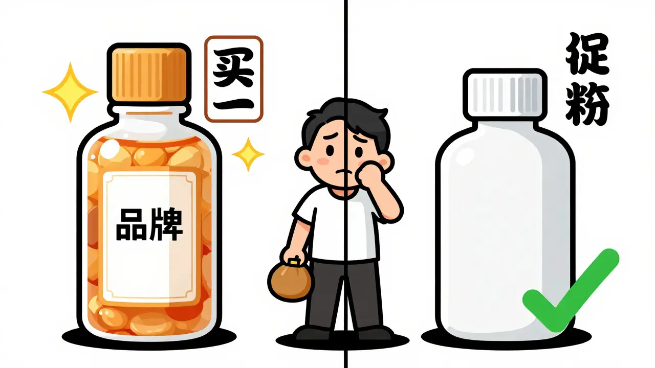 Illustration comparing brand name vs generic medicine costs
