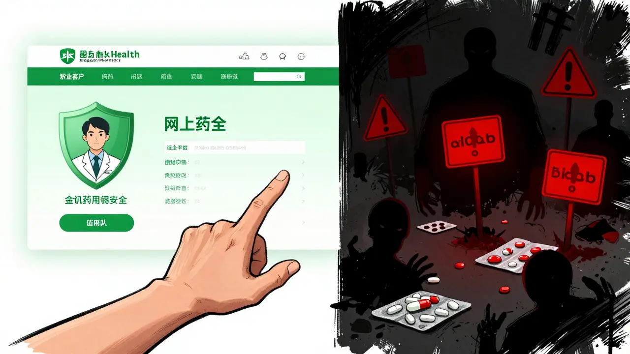 Illustration comparing safe online pharmacies versus dangerous scam websites