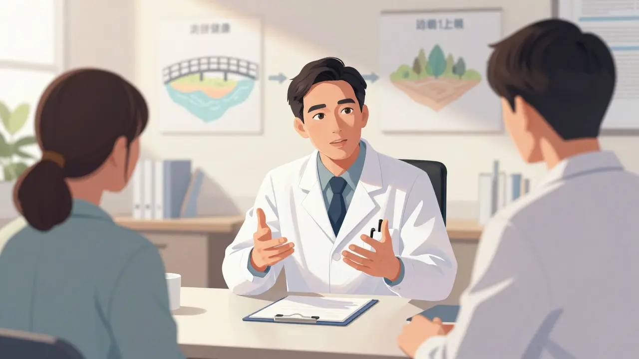 Illustration of a doctor and patient having an open, supportive conversation about health.