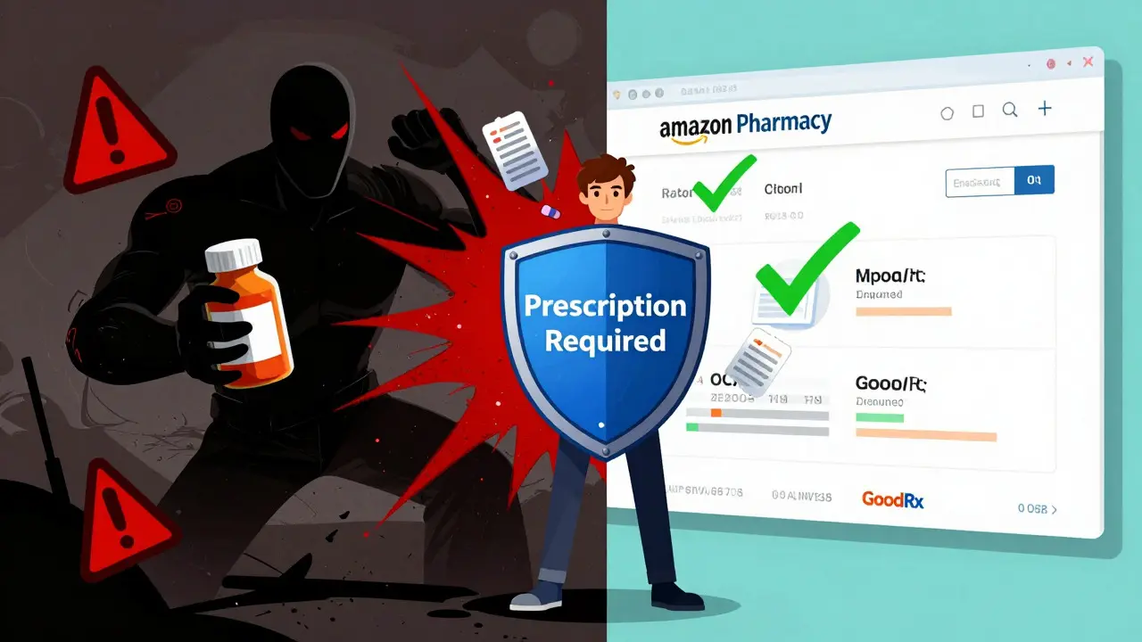 Manhua style: Character choosing safe pharmacy vs scam site with shield.