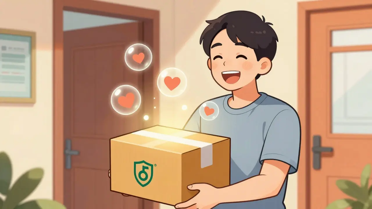 Manhua style: Happy person receiving safe medication delivery