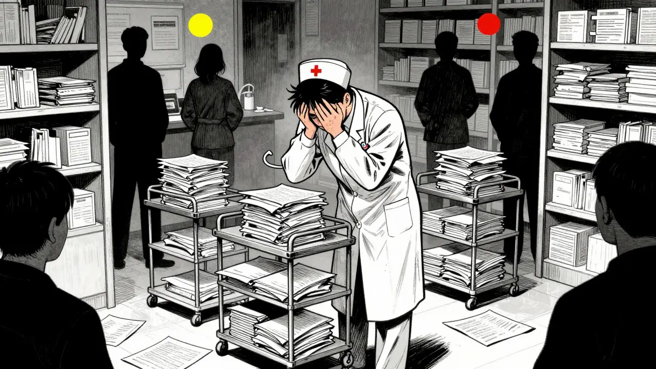 Manhua style: Overwhelmed pharmacist amid empty shelves