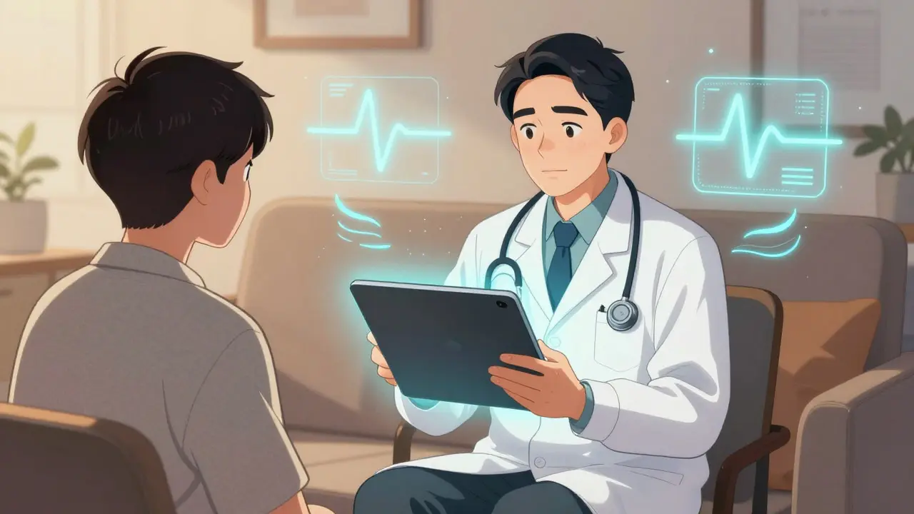 Manhua style: Patient having video call with doctor for prescription.