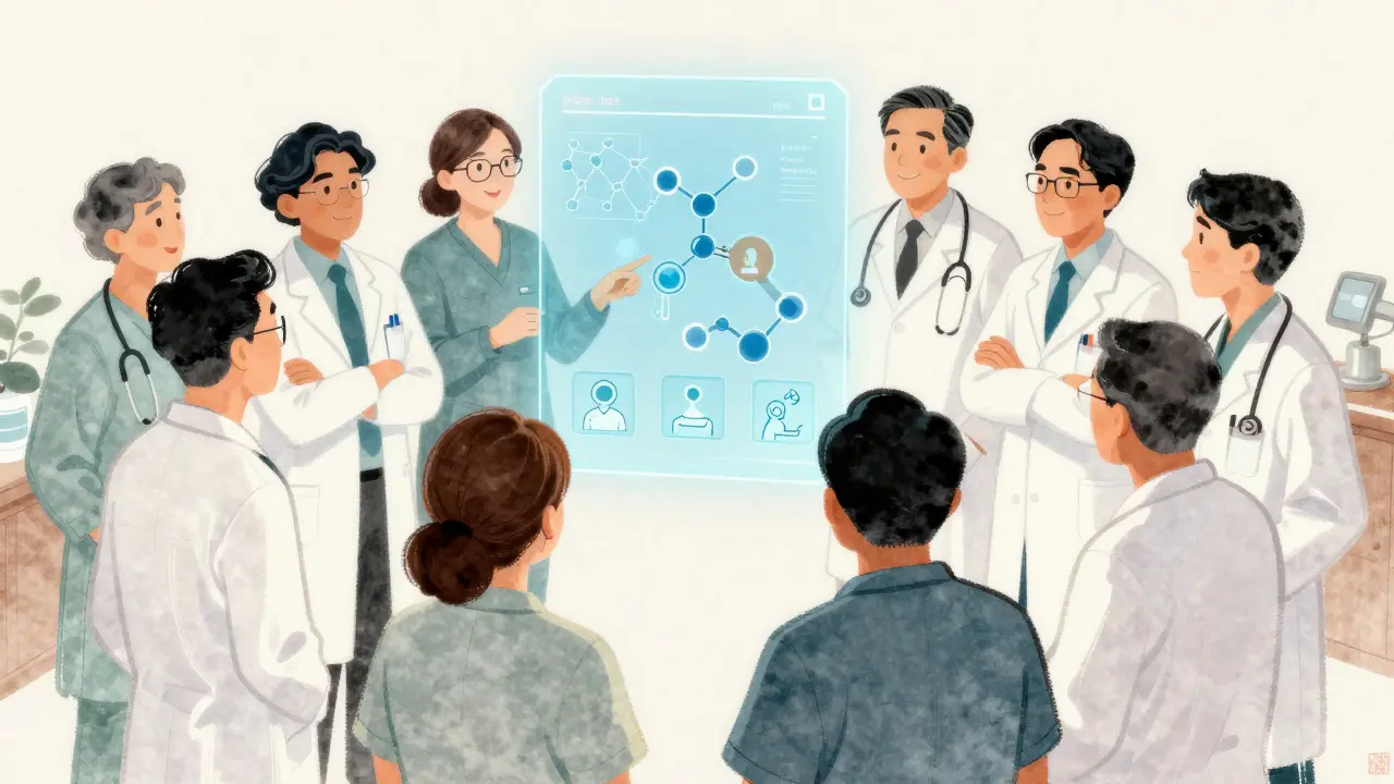 Medical team learning from holographic display in Chinese comic book art style