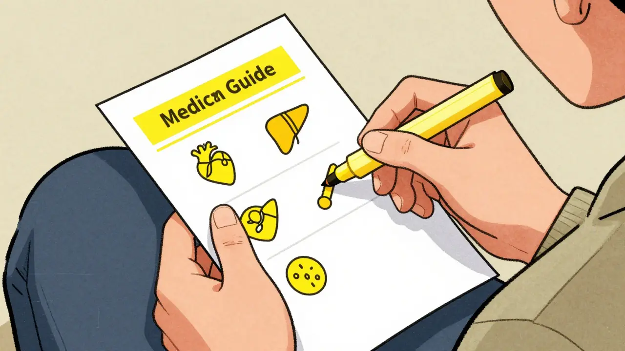 Person highlighting warnings on medication guide with marker