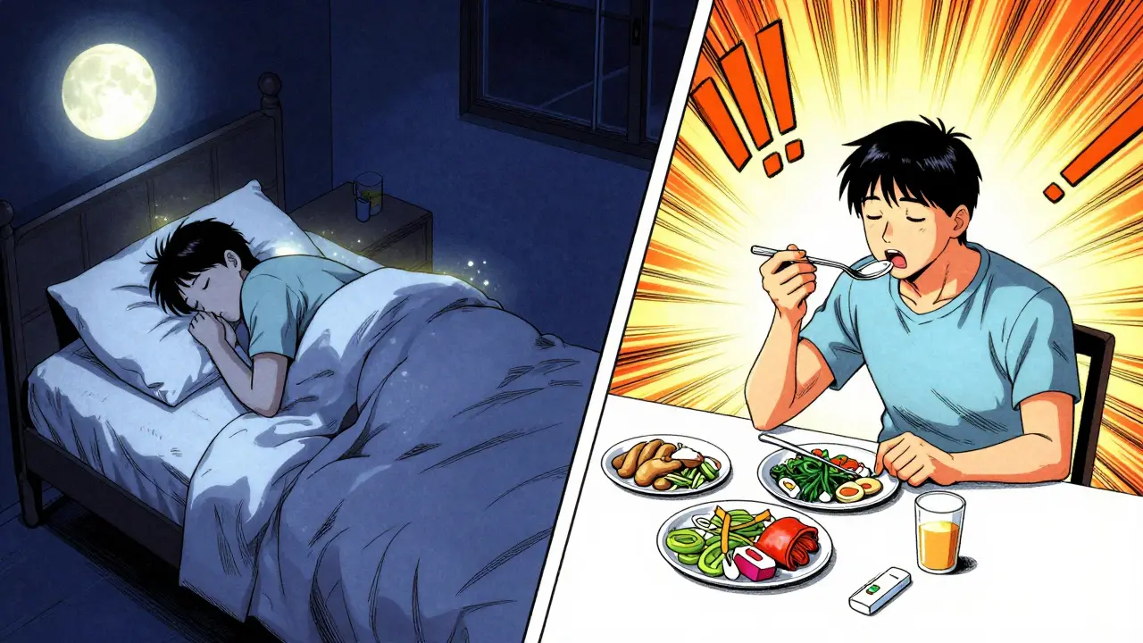 Split scene showing sleep stability and mealtime insulin action