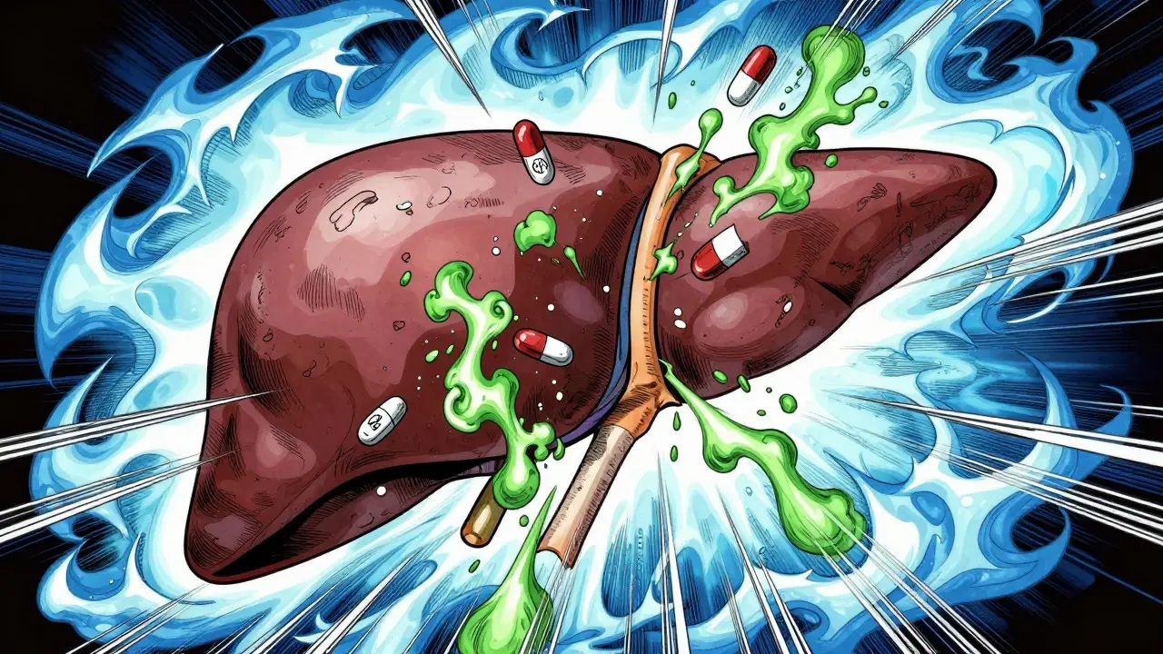 Stylized illustration of a liver being damaged by antibiotic toxins and oxidative stress waves.