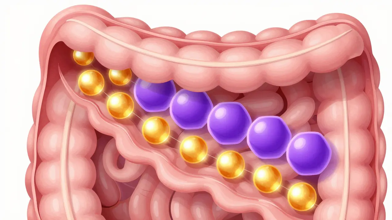 Artistic depiction of metformin blocking vitamin B12 absorption in gut