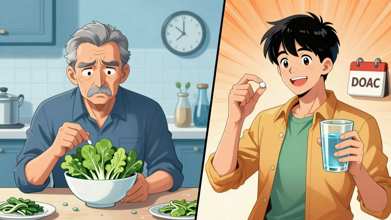 Cartoon comparison of warfarin diet restrictions versus DOAC convenience