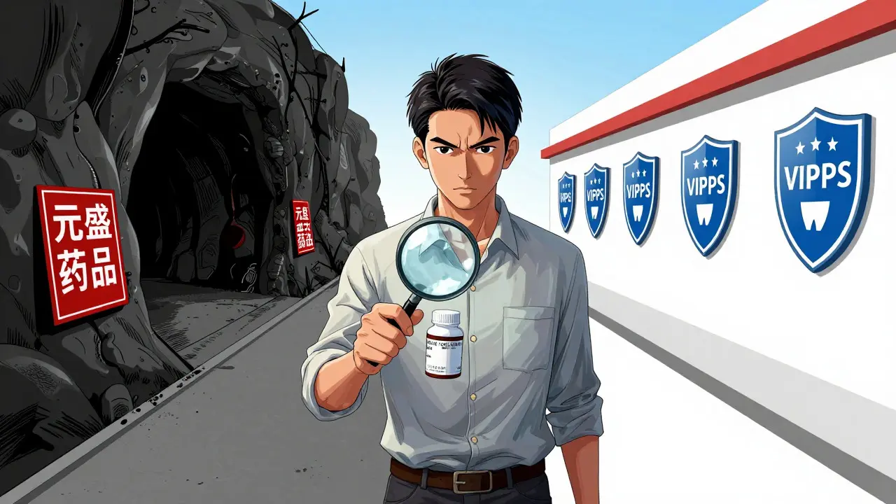 Cartoon depiction of choosing safe verified pharmacies over risky counterfeit sites.