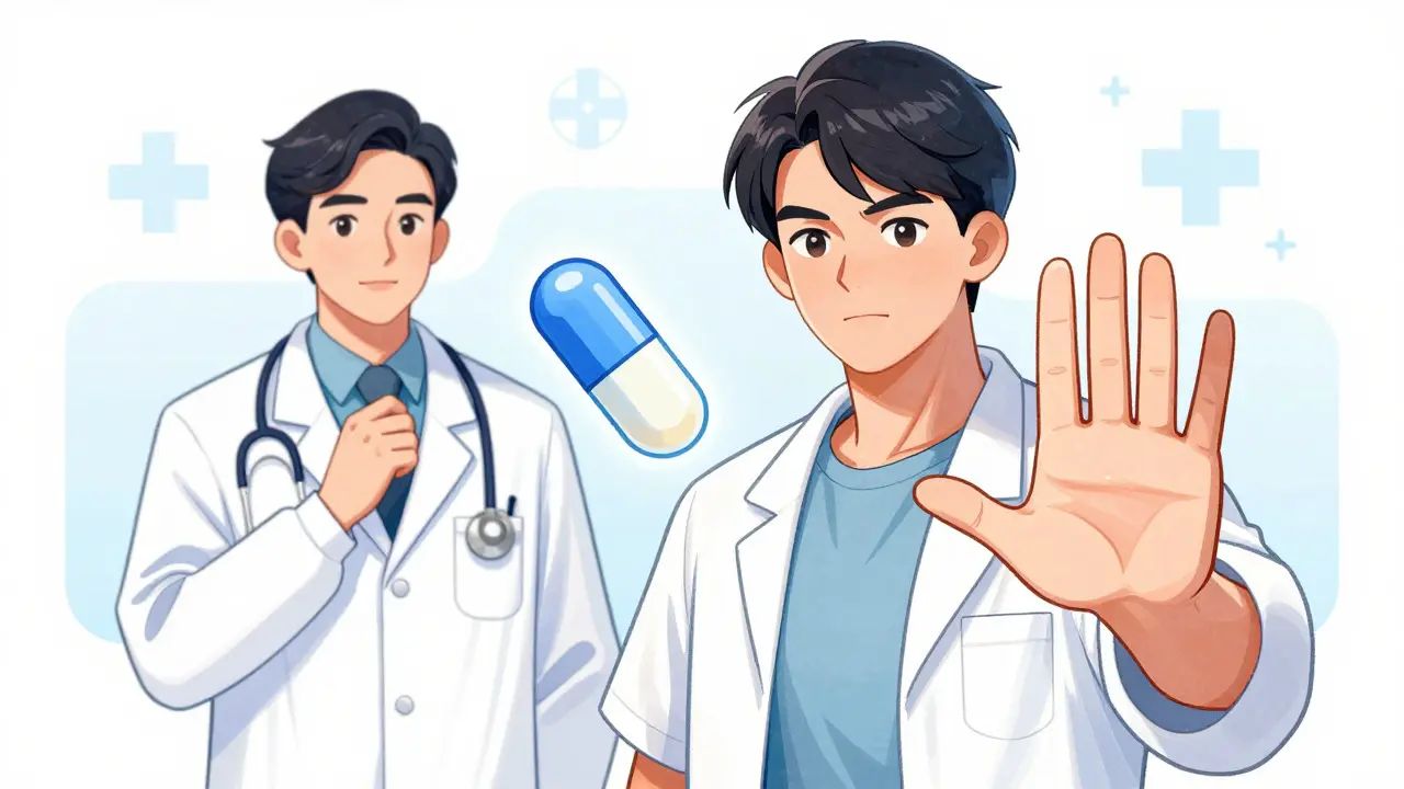 Cartoon of person refusing unnecessary antibiotics with doctor approval