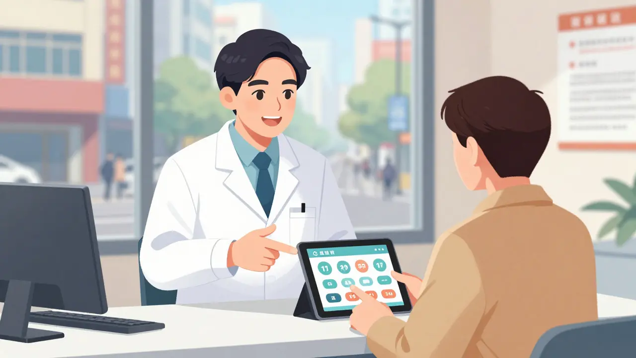 Cartoon pharmacist advising customer on medication discounts