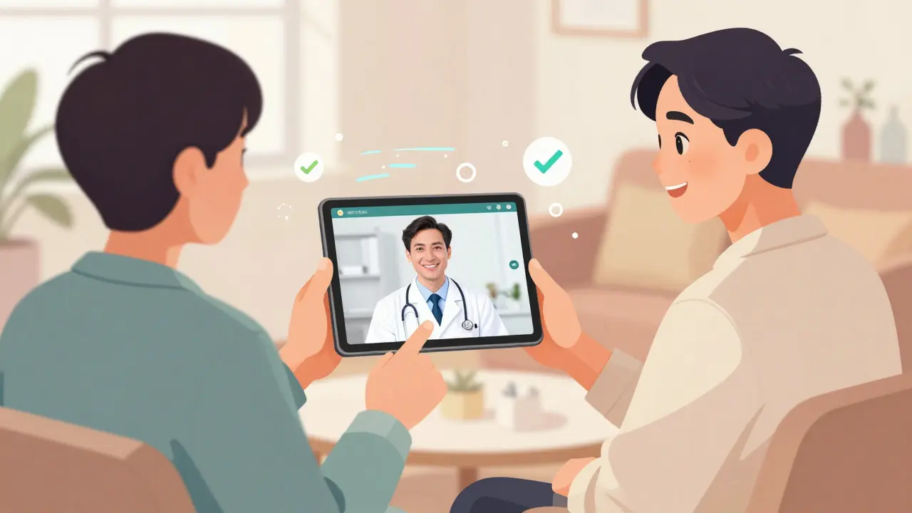 Cartoon style image of patient having online telehealth doctor visit
