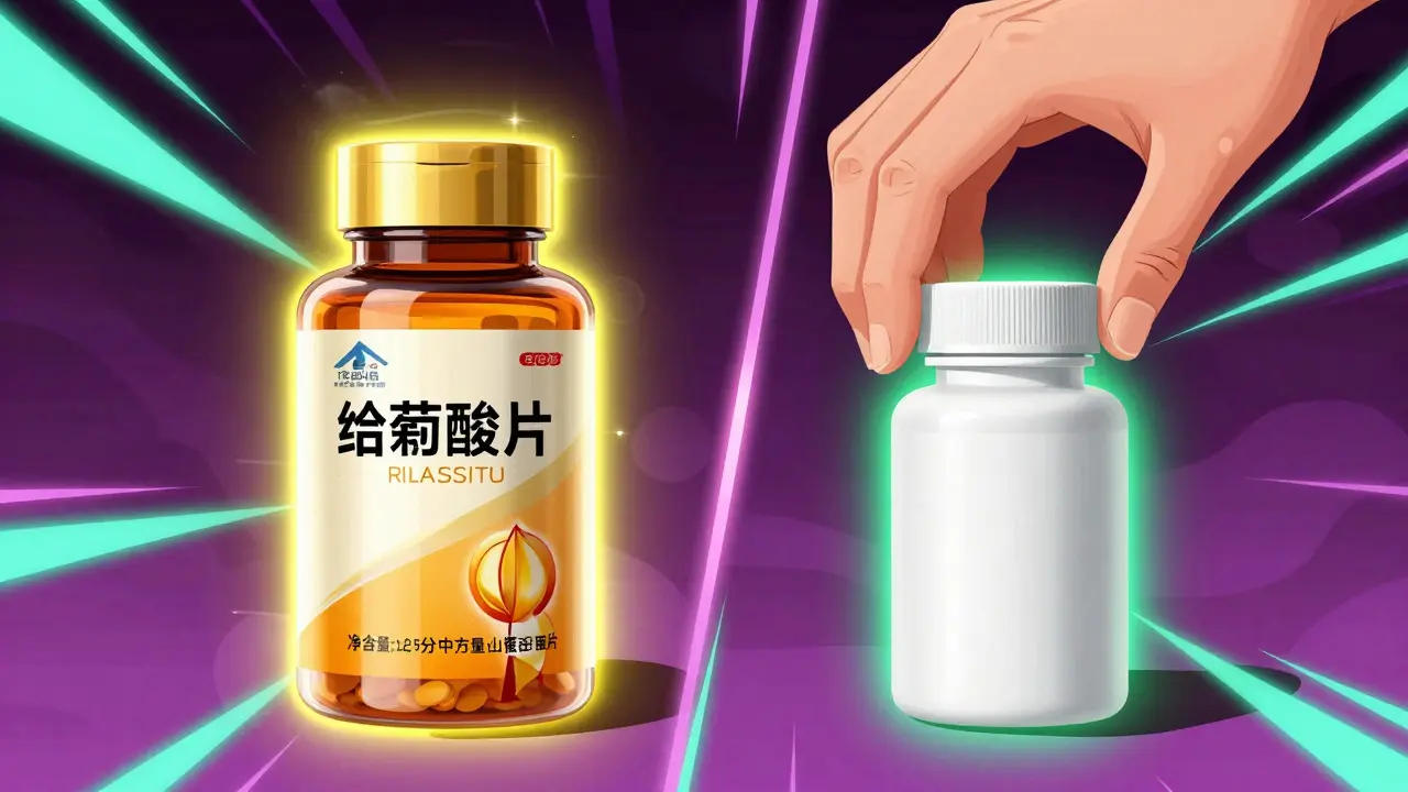 Comic art comparing premium and generic pill bottles with glowing auras