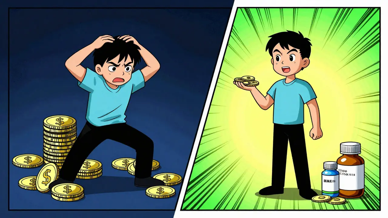 Comic illustration comparing high costs of brand drugs vs cheap generics