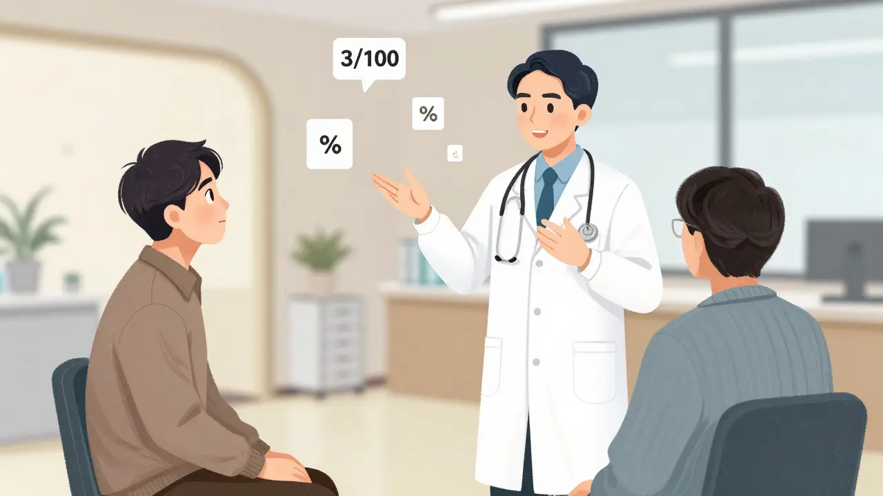 Doctor explaining risks with numbers to a calm patient, emphasizing positive communication in Chinese comic style.