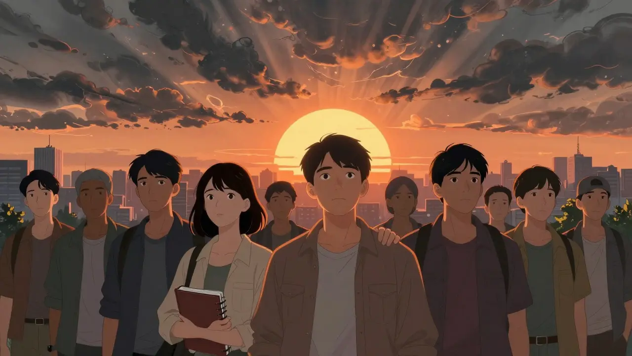 Hopeful manhua art of people recovering from trauma under sunrise, symbolizing healing journey.