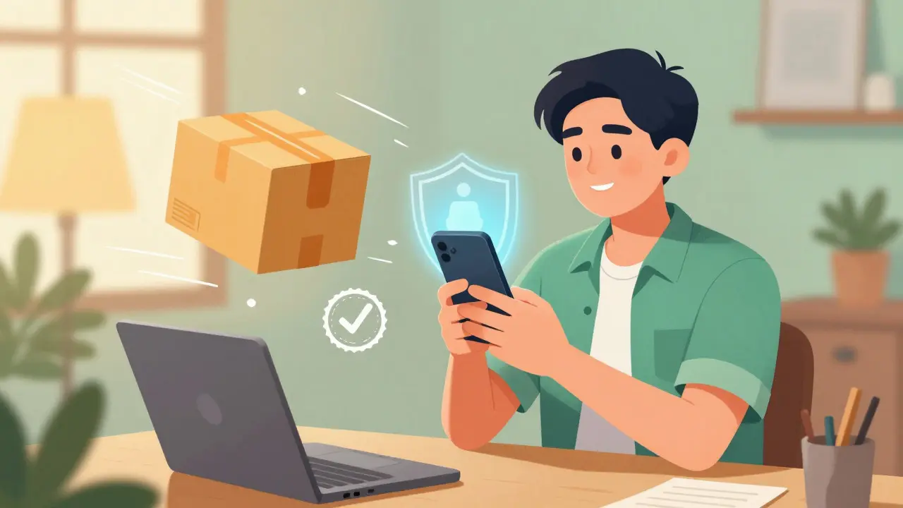 Illustration of a person smiling at a phone with a floating medicine package