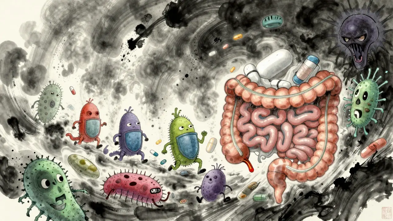 Illustration of antibiotics destroying gut flora allowing C. diff growth