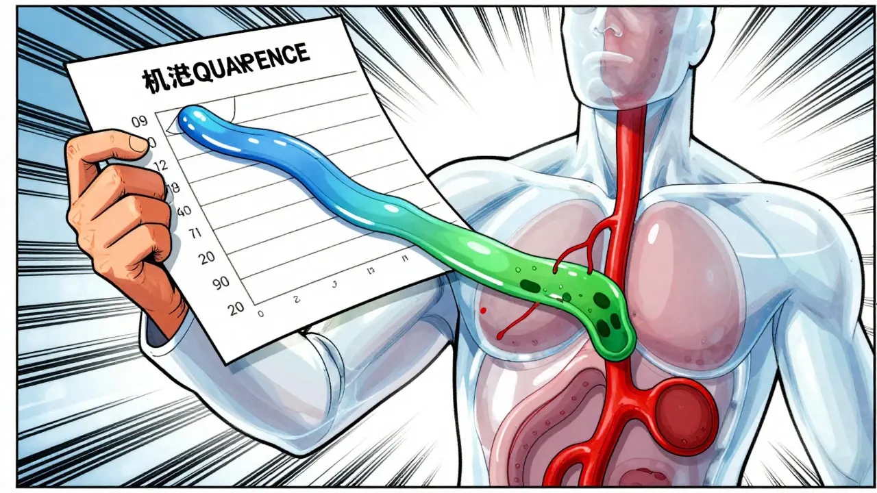 Illustration of bioequivalence showing drug absorption merging into bloodstream in Chinese manhua style.
