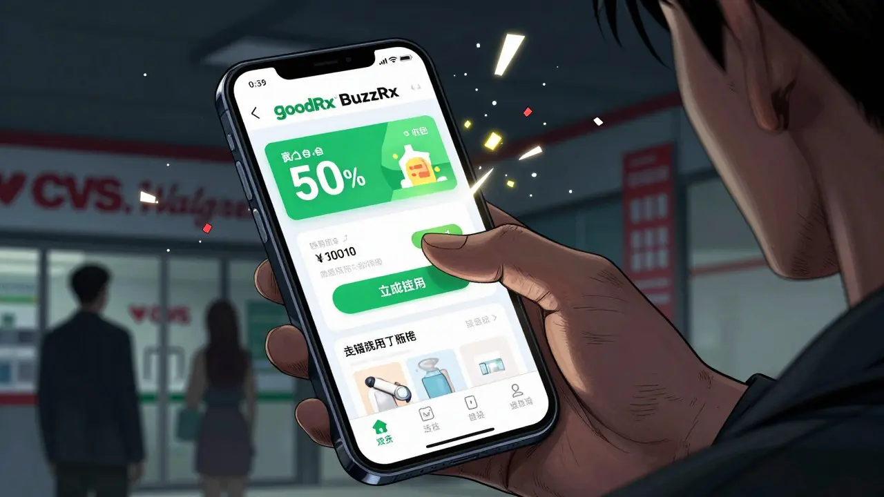 Illustration of using smartphone apps to find discounted medicine coupons.