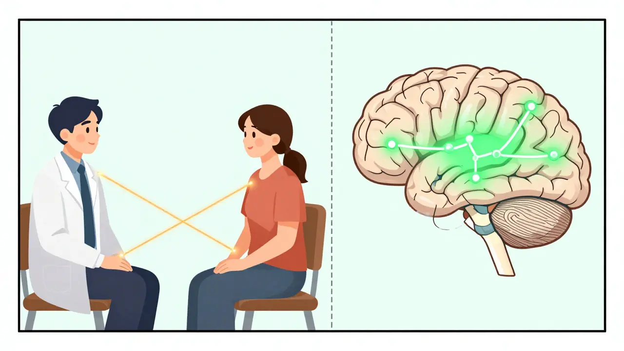 Illustration showing therapy rewiring brain memories and medication stabilizing neurotransmitters.