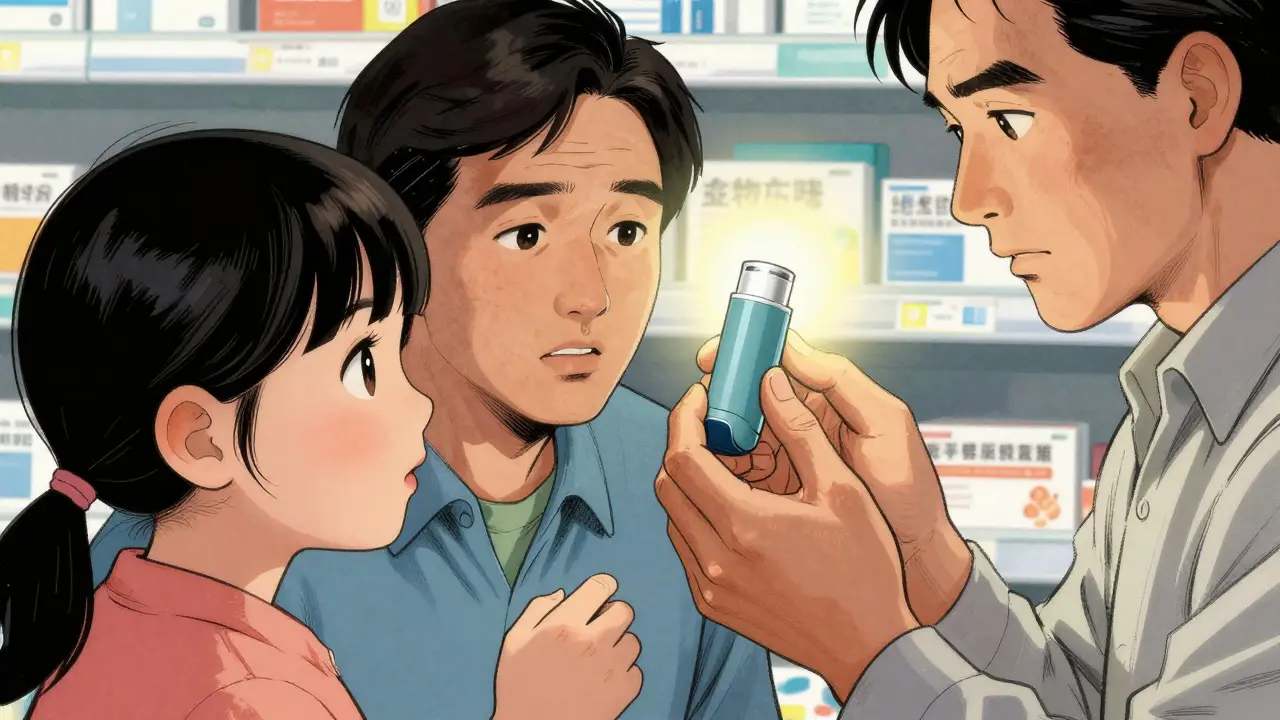 Manhua illustration of a parent checking a new inhaler device with their child
