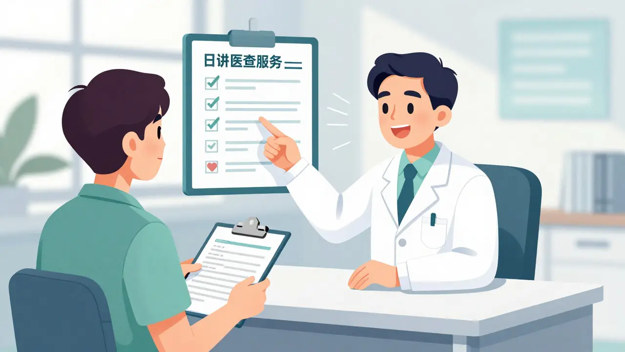 Manhua style illustration of a doctor reviewing a patient's health form