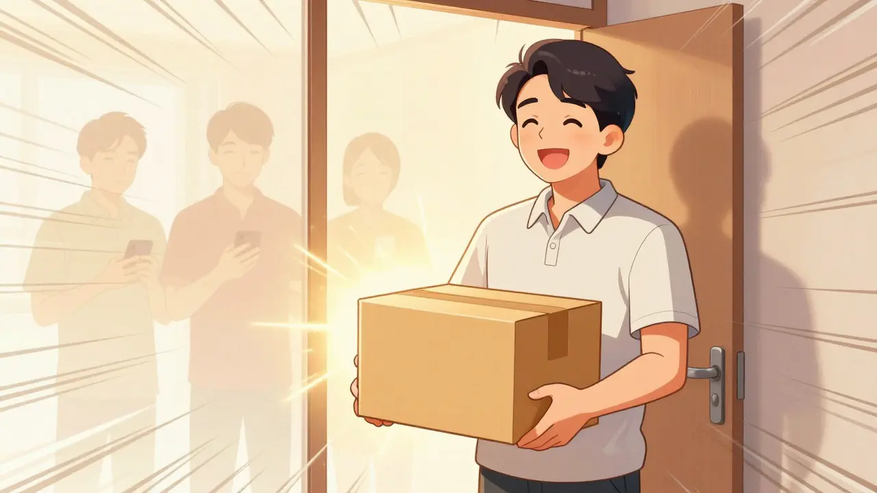 Manhua style illustration of a person happily holding a plain delivery box