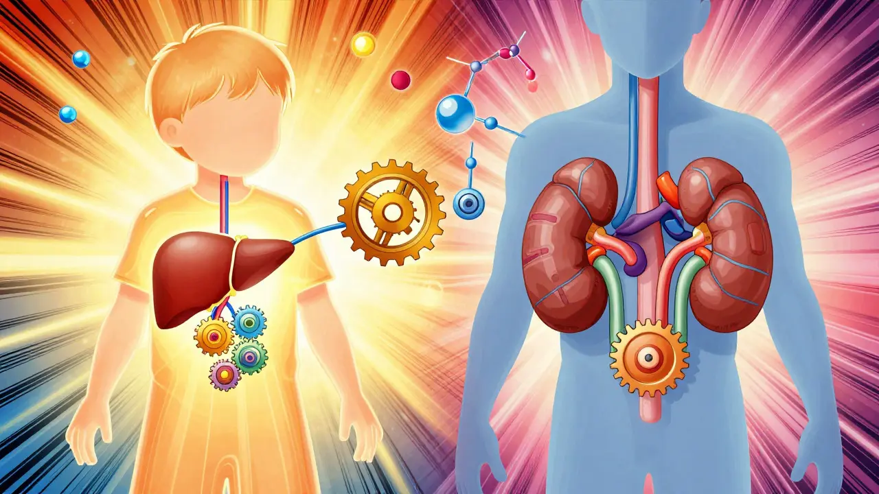 Manhua style split view showing immature vs mature organ systems in children and adults
